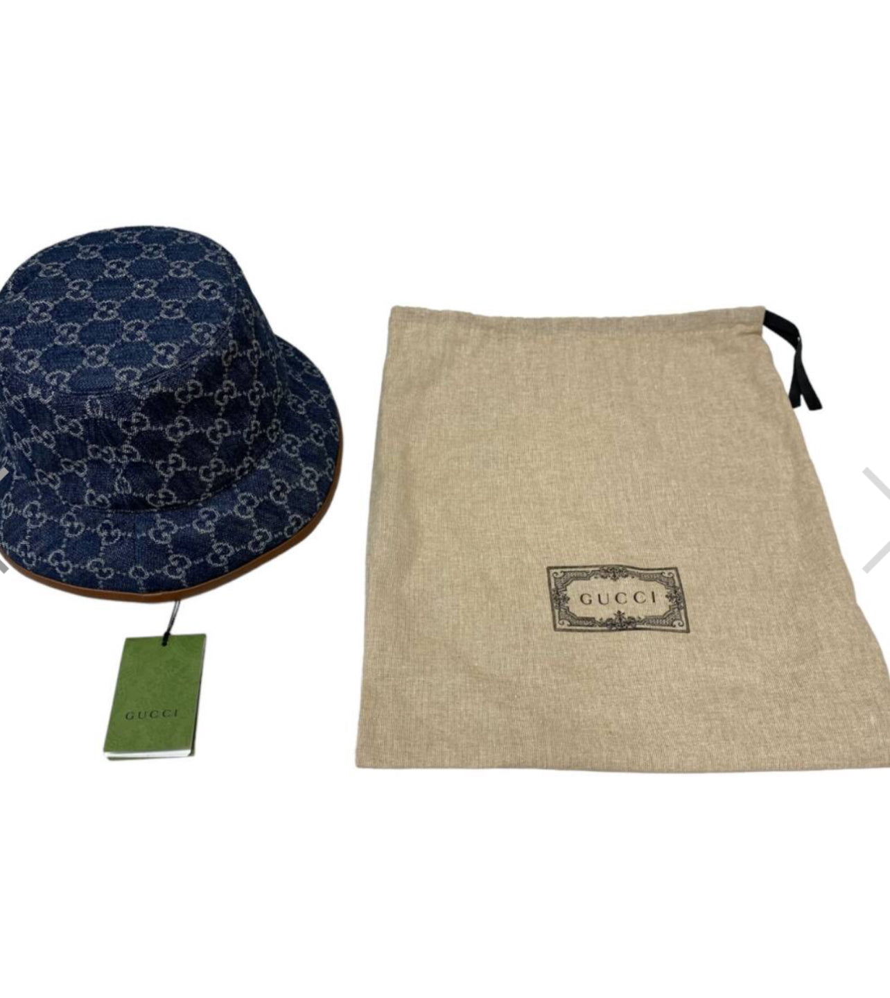 ucci GG Jacquard Denim Bucket Hat β Blue/Brown Leather Trim (Authentic Preloved)