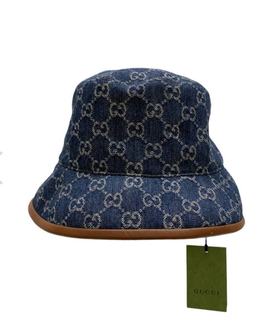 ucci GG Jacquard Denim Bucket Hat – Blue/Brown Leather Trim (Authentic Preloved)