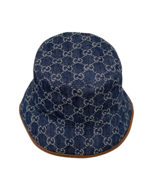 ucci GG Jacquard Denim Bucket Hat – Blue/Brown Leather Trim (Authentic Preloved)