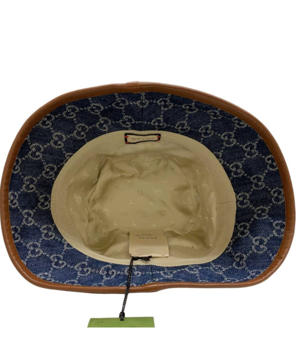 ucci GG Jacquard Denim Bucket Hat – Blue/Brown Leather Trim (Authentic Preloved)