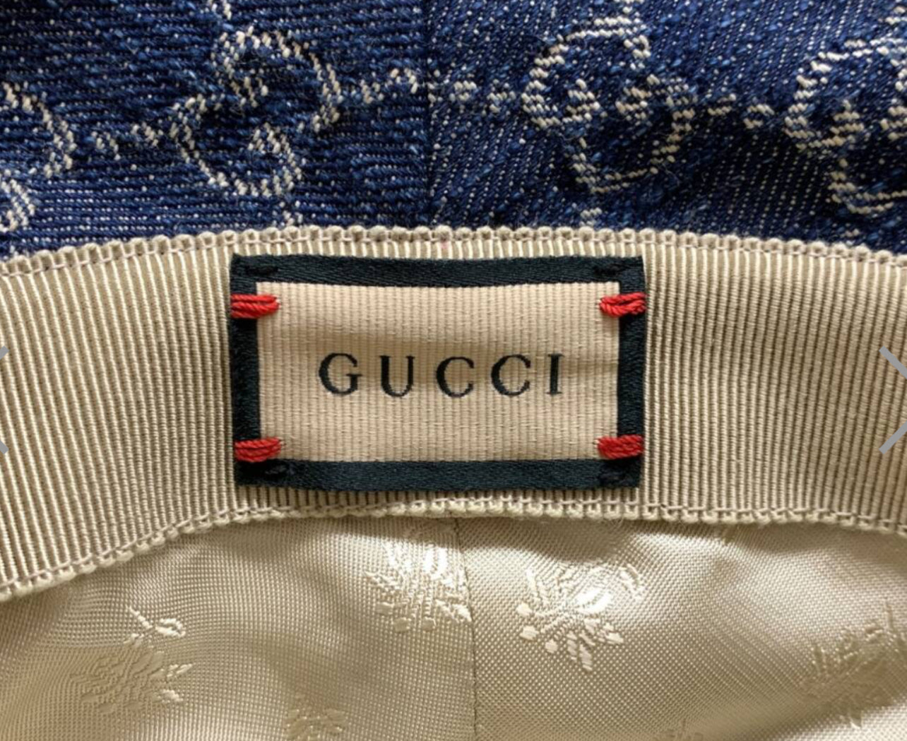 ucci GG Jacquard Denim Bucket Hat – Blue/Brown Leather Trim (Authentic Preloved)