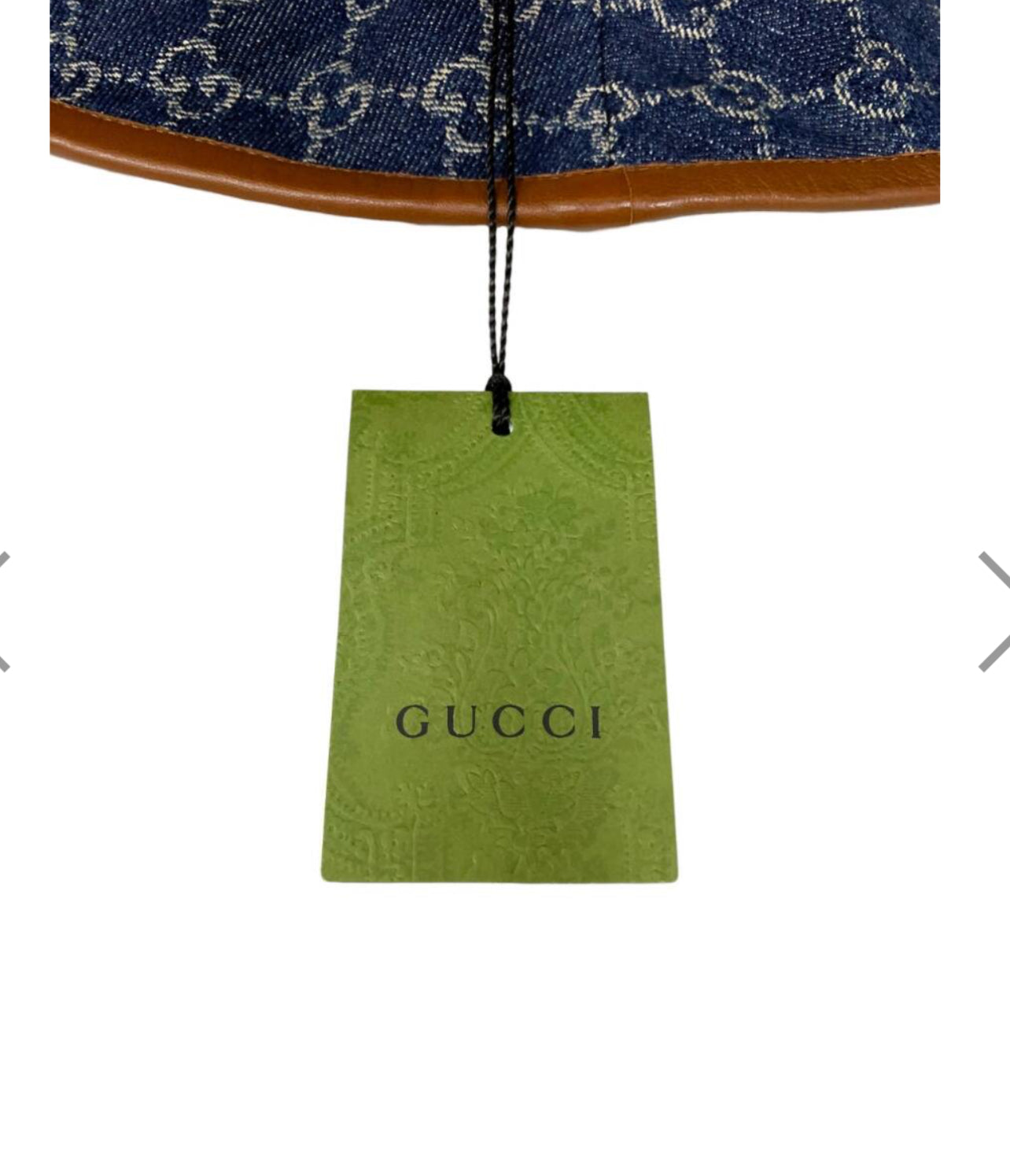 ucci GG Jacquard Denim Bucket Hat – Blue/Brown Leather Trim (Authentic Preloved)