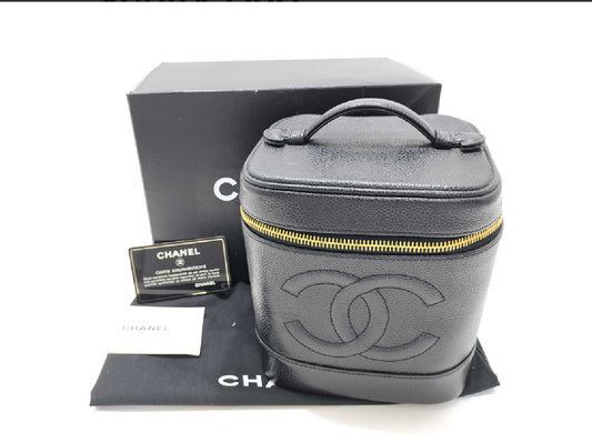 CHANEL Vanity Case Black Caviar Leather GHW – Full Set – Excellent Condition - VINTAGE